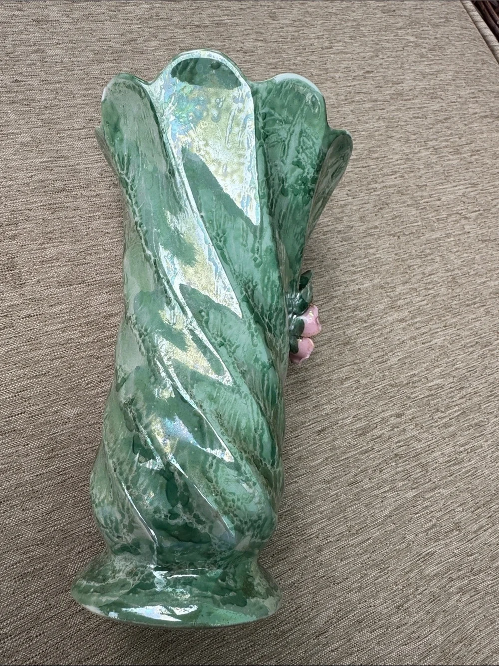 VTG Green Ceramic Floral Vase with Pink Rose applied Accents & glitter effects